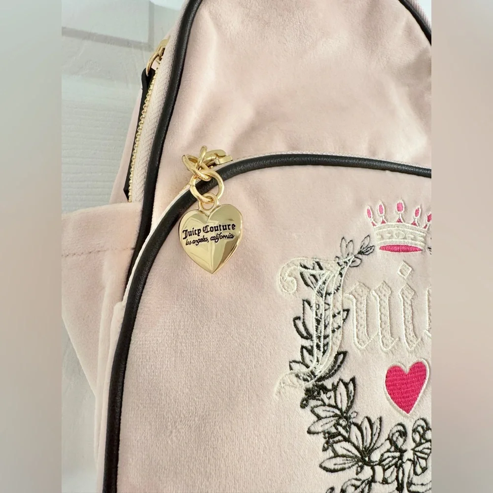 NWT Juicy Couture Mini Pink Velvet Backpack with Black Straps - Picture 5 of 12